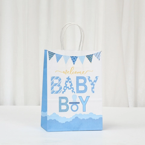 Sacchetti Regalo in Carta Kraft a Cartoni Animati per Baby Shower Gender Reveal Party Welcome Baby Boy Girl Stampati con Manico