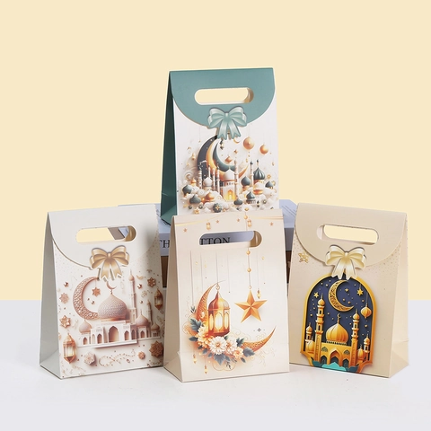 Eid Mubarak Geschenktüten Ramadan Kareem Papier Handtasche Mit Schleife Moschee Sichelmond Stern Muster Für Islamische Party