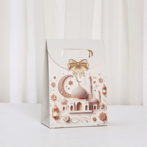 Middle Eastern Ramadan Eid Mubarak Gift Paper Bag With Bow Knot And Mosque Pattern Printed Cardstock Gift Wrapping Bag