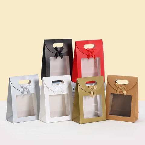 Solid Color Gift Paper Bag With Window Flap And Satin Bowknot For Wedding Birthday Candy Pastry Favor Packing Bags