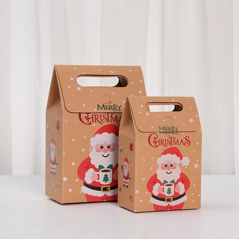 Christmas Kraft Paper Gift Bags With Handles Santa Snowman Tree Reindeer Pattern Festive Candy Packing Holiday Favor Bags
