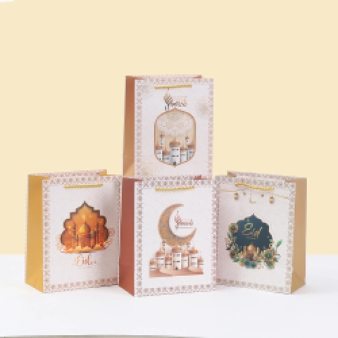 Eid Al-Fitr Gift Bags Ramadan Mosque Moon Pattern Paper Handbags With Gold Handles For Festive Party Gifts