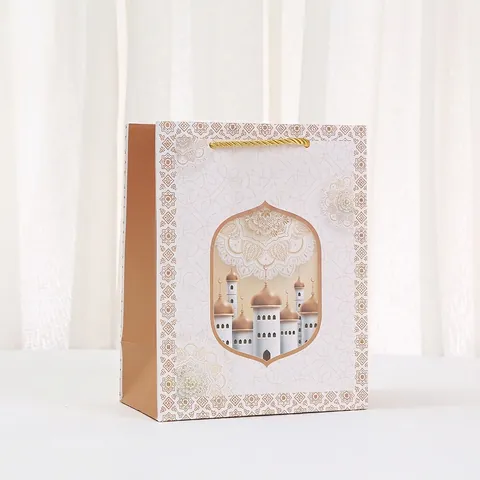 Eid Al-Fitr Gift Bags Ramadan Mosque Moon Pattern Paper Handbags With Gold Handles For Festive Party Gifts