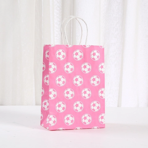 Football Print Kraft Paper Gift Bag Pink Handbag With Handle For Birthday Party Holiday Favor Candy Packing Bag