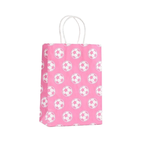 Pink Soccer Print Kraft Paper Gift Bag Party Favor Candy Packaging Handbag With Handles Birthday Sports Treat Bag For Kids
