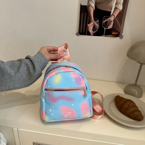 Damen Mini Mode Rucksack Farbverlauf Farbblockierung Tie Dye Stern Herz Druck PU Leder Kleiner Reise Schulrucksack