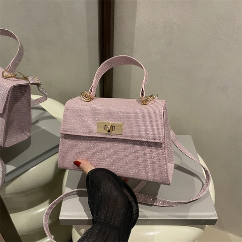 Fashion Glitter PU Leather Women Shoulder Bag Mini Square Crossbody Bag With Metal Lock Handle For Party Banquet Commuting