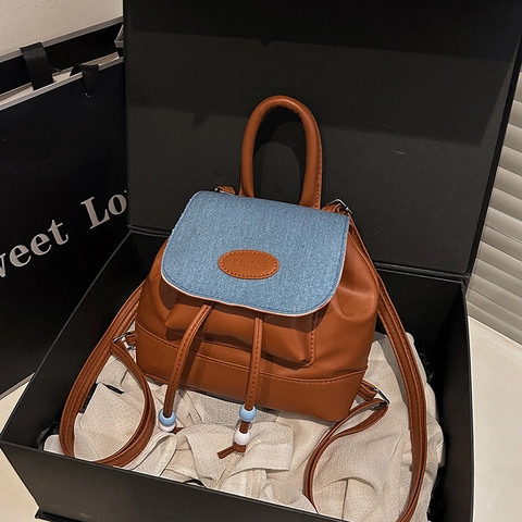 Mini Mochila para Mujer Estilo Preppy Vintage Cuero PU Color Contraste Cordón Tapa Escuela Viaje Moda Bolso