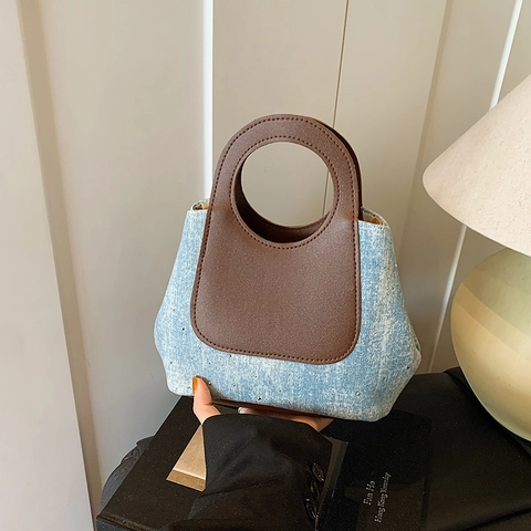 Bolso de Mano de Mezclilla de Retazos para Mujer Bolso Bombonera con Strass Con Asa Circular Calada Contraste de Color PU Cuero Splicing Casual Diario Bolso de Hombro Pequeño