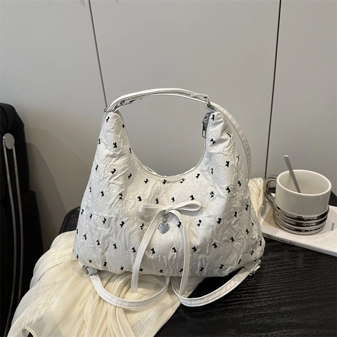 Women Pleated Bow Underarm Bag Sweet Heart Pendant Shoulder Tote Bag 2025 Summer Fashion Commuter Handbag White Pink