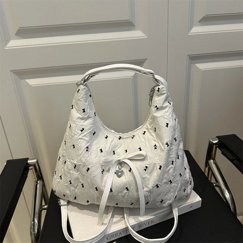 Women Pleated Bow Underarm Bag Sweet Heart Pendant Shoulder Tote Bag 2025 Summer Fashion Commuter Handbag White Pink