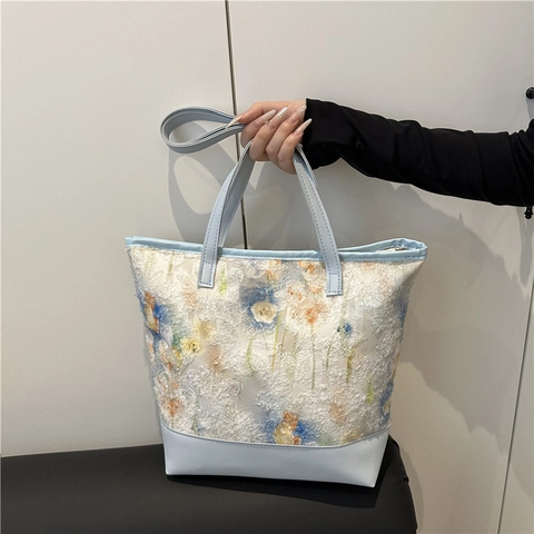 Damen Mode Floral Spitze Große Kapazität Tragetasche Kunstleder Patchwork Schultertasche Lässige Handtasche Für Den Alltag