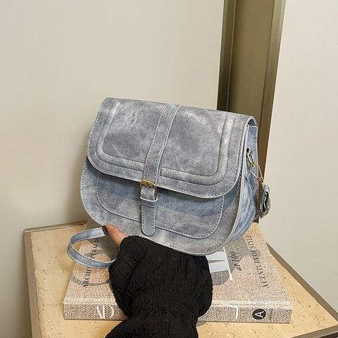 Vintage PU Leather Saddle Bag For Women Distressed Texture Flap Shoulder Crossbody Bag With Adjustable Strap Casual Tote