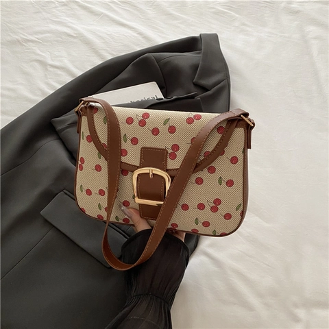 Cherry Print Nylon Shoulder Bag Contrast Leather Trimming Metal Buckle Retro Underarm Bag For Women Fashion Commute Square Bag