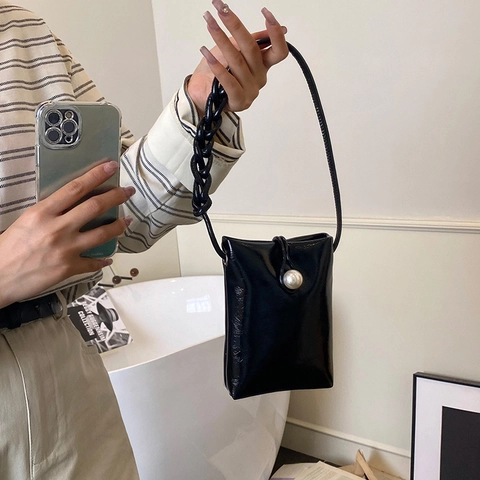Minimalist PU Leather Mini Shoulder Bag With Large Artificial Pearl Decoration Elegant Vertical Square Phone Bag For Women Solid Color