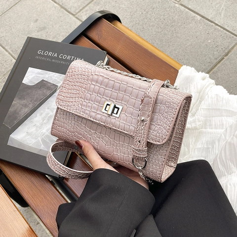 Sac à Épaule Élégant pour Femmes Motif Crocodile Cuir PU Petit Sac Carré Bandoulière avec Chaîne Argentée et Fermoir