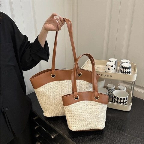 Large Capacity Woven Straw Tote Bag For Women PU Leather Patchwork Contrast Color Shoulder Bag Beach Vacation Handbag