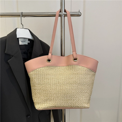 Large Capacity Woven Straw Tote Bag For Women PU Leather Patchwork Contrast Color Shoulder Bag Beach Vacation Handbag