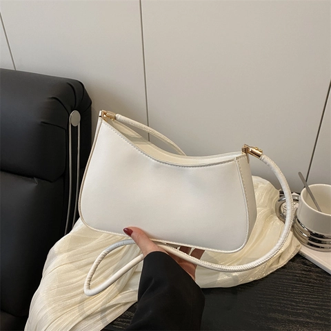Damen Minimalistische PU Leder Unterarmtasche Mode Einfarbige Schultertasche Goldene Beschläge Hobo Handtasche Casual Tasche