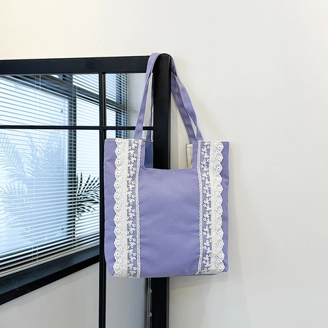 Sac Cabas en Toile pour Femme Avec Bordure en Dentelle Blanche Grande Capacité Sac à Épaule Style Pastoral Japonais