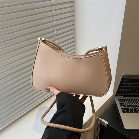 Damen Minimalistische PU Leder Unterarmtasche Mode Einfarbige Schultertasche Goldene Beschläge Hobo Handtasche Casual Tasche