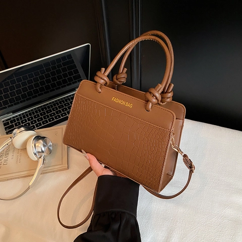 Women Fashion PU Leather Shoulder Bag Crocodile Pattern Top Handle Bag With Knot Detail Elegant Commuter Small Square Crossbody Bag
