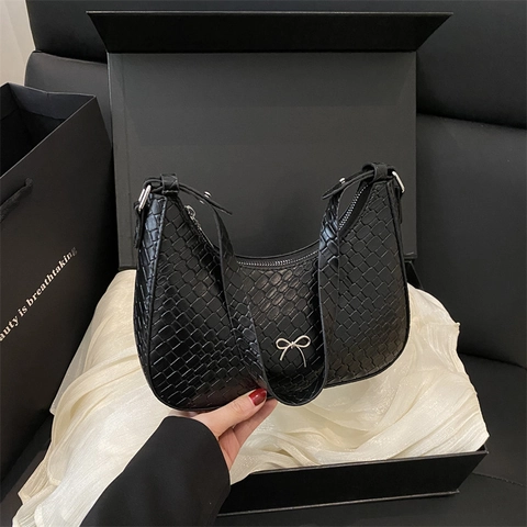 Französische Schultertasche mit Schleife und gewebter Textur Damen Achseltasche Halbmond Hobo Tasche PU Leder Modische Handtasche