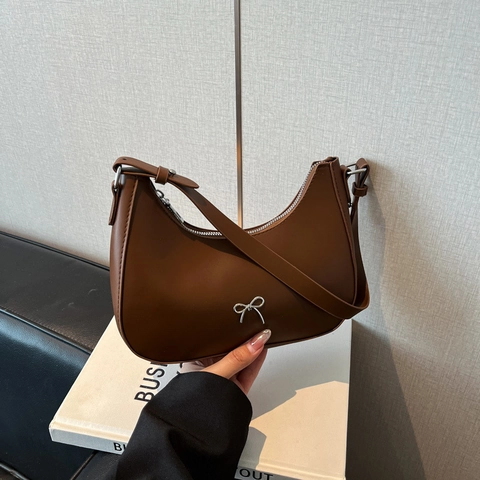 Bolso Hobo Creciente con Lazo Cuero PU Correa Ajustable Cremallera Axila Bolso de Hombro Casual Color Sólido Mujer Moda Mano