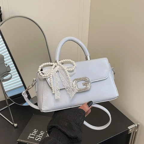 Damen Elegant PU-Leder Kleine Quadratische Tasche G-Buchstabe Strass Künstliche Perle Spitze Schleife Handtasche Umhängetasche Party