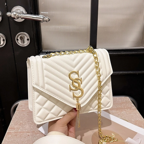 Borsa a Tracolla Trapuntata in Pelle PU da Donna Piccola Borsa a Spalla Quadrata Con Tracolla a Catena Oro Nappa Logo Metallo