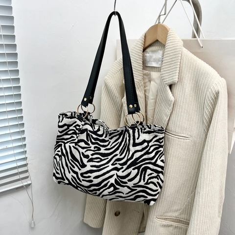 Borsa Tote in Tela con Stampa Leopardo Zebra per Donna Borsa a Spalla di Grande Capacità con Manici in Pelle Sintetica e Anelli in Metallo Oro