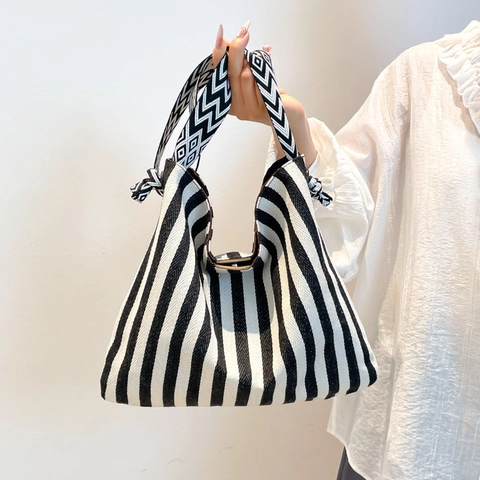 Damen Segeltuch Gestreifte Tragetasche Große Kapazität Lässige Schultertasche Mit Geometrischem Webband Urbaner Minimalismus Handtasche