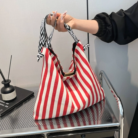 Damen Segeltuch Gestreifte Tragetasche Große Kapazität Lässige Schultertasche Mit Geometrischem Webband Urbaner Minimalismus Handtasche