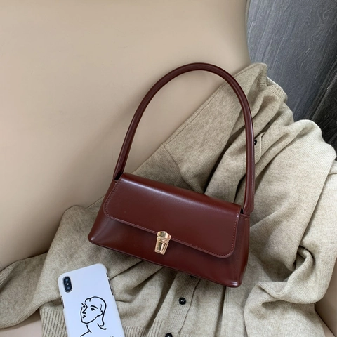 Bolso Baguette de Cuero PU Vintage para Mujer Minimalista Color Sólido Bolso de Hombro de Axila Con Cierre de Metal Dorado