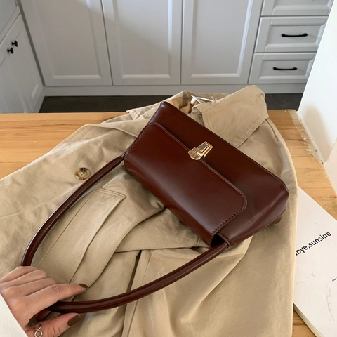 Bolso Baguette de Cuero PU Vintage para Mujer Minimalista Color Sólido Bolso de Hombro de Axila Con Cierre de Metal Dorado