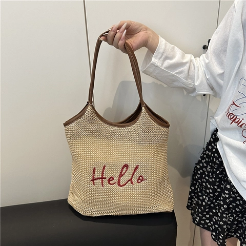 Lässige Gewebte Stroh Einkaufstasche Mit Hello Stickerei Und PU Ledergriff Große Kapazität Schulter Strandtasche Damen