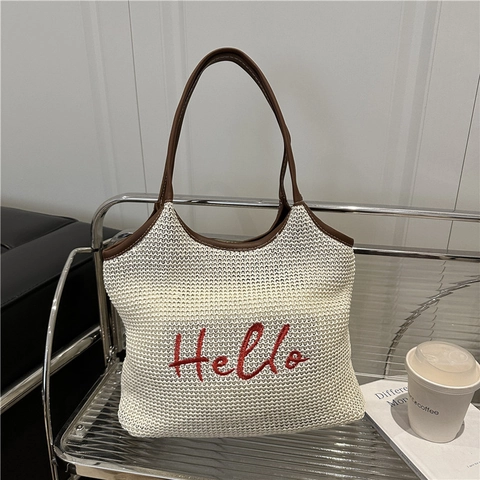 Damen Casual Gewebte Tragetasche Kontrast PU Leder Besatz Hello Stickerei Große Strand Stroh Schultertasche Sommer Handtasche