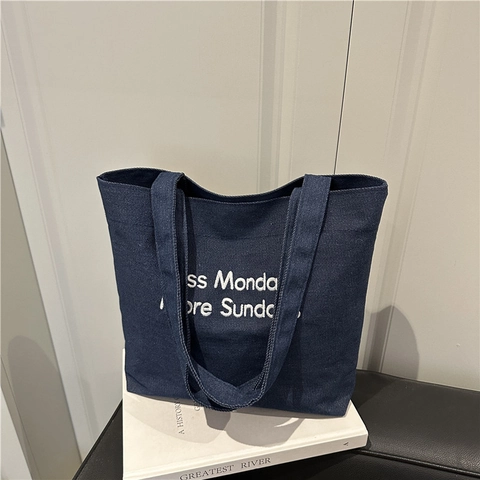 Dames Vintage Canvas Tote Tas Grote Capaciteit Schoudertas Met Less Mondays More Sundays Borduurwerk Voor Dagelijks Gebruik
