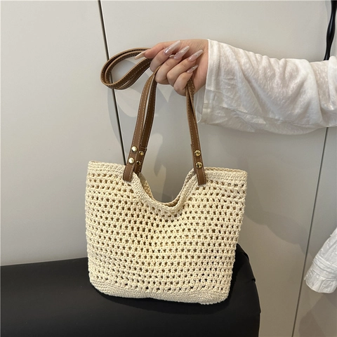 Women's Casual Knitted Tote Bag Handcrafted Crochet Beach Bag With Brown Leather Handles Gold Rivets Minimalist Shoulder Bag