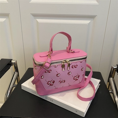 Kirschdruck PU Leder Umhängetasche Kleine Quadratische Box Handtasche Mit Tragegriff Und Verstellbarem Schultergurt Mode