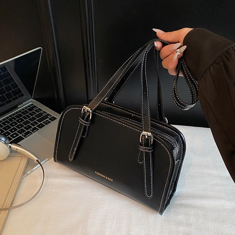 Minimalist PU Leather Shoulder Bag For Women Fashion Letter Print Underarm Bag Retro Small Square Bag Daily Commuting Handbag