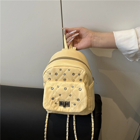 Women Quilted Rhombus Mini Backpack Studded Rhinestone PU Leather Fashion Backpack With Chain Strap Twist Lock Handbag