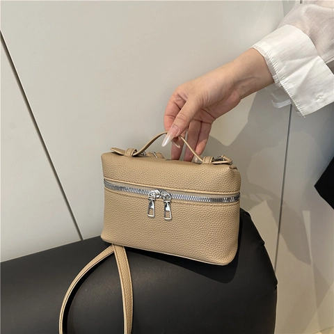 Fashion Litchi Pattern PU Leather Crossbody Bag Small Square Vanity Handbag With Double Zipper Adjustable Strap Elegant Shoulder Bag For Women