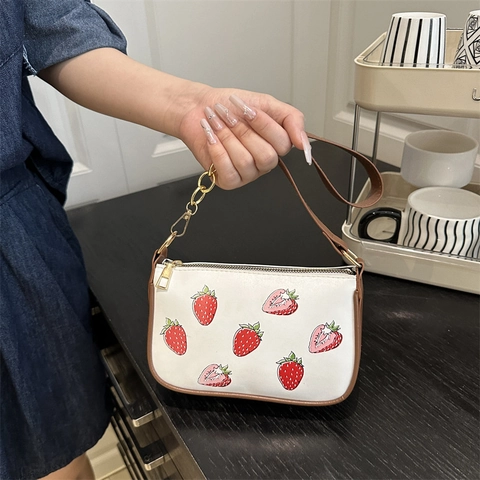 Women Strawberry Print Shoulder Bag PU Leather Underarm Bag With Metal Chain Cute Fashion Small Square Bag For Daily Outing