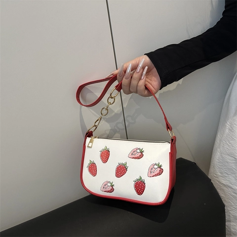 Women Strawberry Print Shoulder Bag PU Leather Underarm Bag With Metal Chain Cute Fashion Small Square Bag For Daily Outing