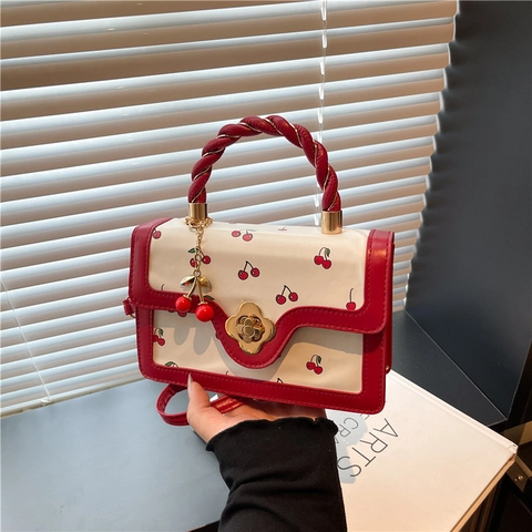 Bolso de Mano de Cuero PU con Estampado de Cerezas Cierre de Flor Bolso Bandolera con Colgante de Cereza Moda