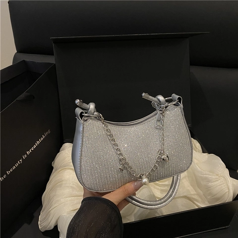 Women Shiny Rhinestone Sequin Underarm Bag Elegant Crescent Bag With Metal Chain Artificial Pearl Charm Party Fashion Shoulder Handbag