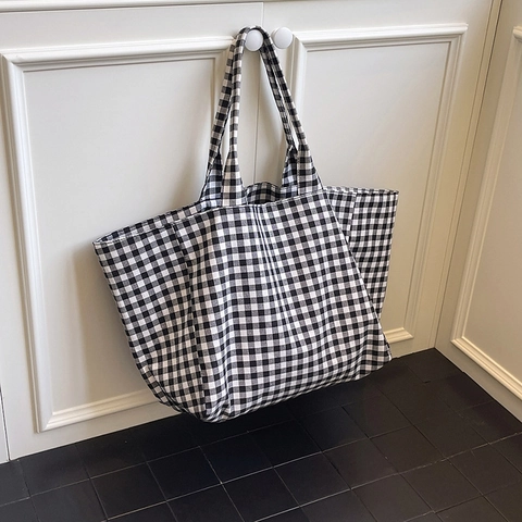 Bolso Tote de Lona Vichy para Mujer Gran Capacidad Bolso de Hombro a Cuadros Casual para Compras Diarias Viajes Trabajo