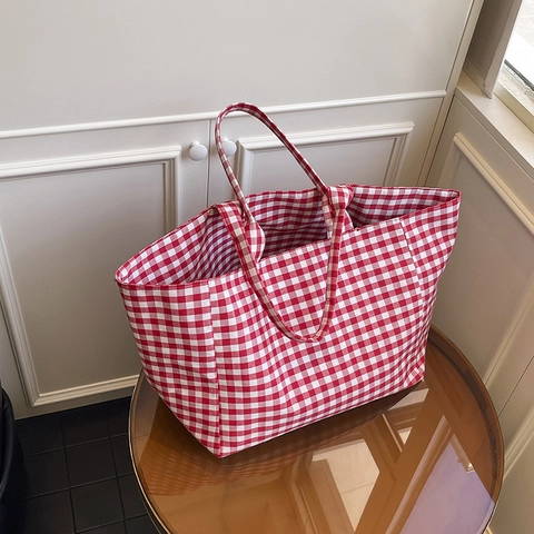 Bolso Tote de Lona Vichy para Mujer Gran Capacidad Bolso de Hombro a Cuadros Casual para Compras Diarias Viajes Trabajo