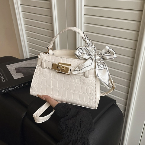 Dames Krokodillen Patroon Handtas PU Leer Crossbody Tas Met Satijnen Sjaal Goud Metalen Slot Schoudertas Elegant Dagelijkse Mode Tote